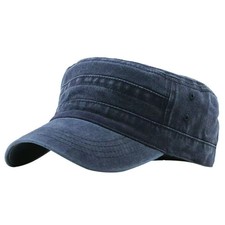Navy Blue Washed Vintage Flat Top Cap, Cotton Military Cadet Army Caps Unique