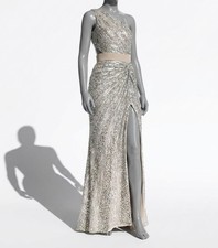 Mac Duggal Women Silver Sequined One Shoulder Draped Lace up Gown Dress Size 2