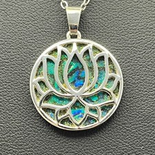 Abalone Shell  Lotus Pendant Necklace Silver Tone Boho 18"