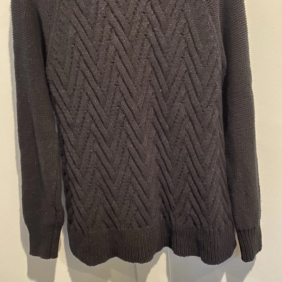 复古 Chaps 电缆厚毛衣女式中号黑色银色渔夫闪亮 — 第 4/4 张图片