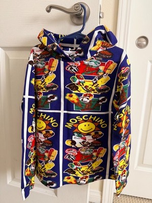 Moschino Kids Hoodie 8Y Blue All Over Food Print Cotton Hooded Sweatshirt NWT