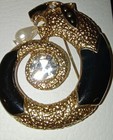 Gold Tone Black Enamel Panther Brooch Pin Clear Crystal Rhinestone Faux Pearl — photo 2