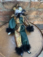 Vintage Porcelain Jester Harlequin Clown Doll Green & Gold