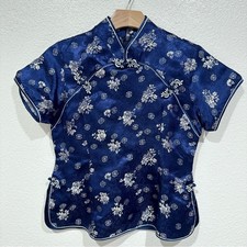 chinese blue asian oriental floral print satin short sleeve top blouse shirt