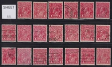**PRICING IS FOR ONE (1) STAMP**. AUST KGV 1d RED SWK. USED (11)
