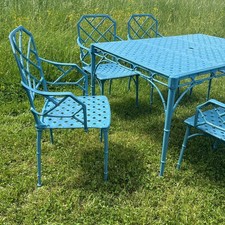Mid 20th C Faux Bamboo Chippendale Brown Jordan Patio Garden 6 Chairs Table Set
