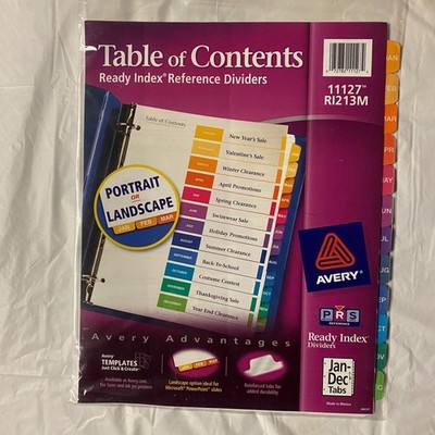 New Avery Ready Index Table of Contents Monthly Dividers, 12-Tab, for 8.5x11''