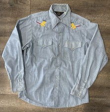 VTG 60s 70s Sears Western Wear Pearl Snap Shirt Embroidered Large Nature Aztec