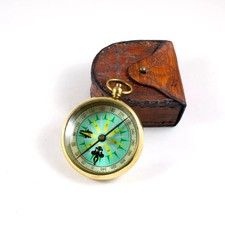 Vintage Brass Pocket Compass with Engraved Message Nautical Decor Leather Case