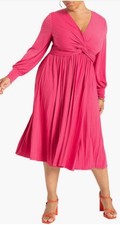 ELOQUII Knot Front Pleated Midi Dress Pink Lilac Rose Size 14 Long Sleeve