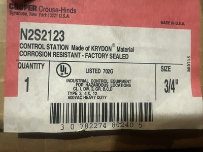 Cooper Crouse-Hinds N2S2123 HN OF AU 3/4  Motor Control HAND/OFF/AUTO  NEW NIB