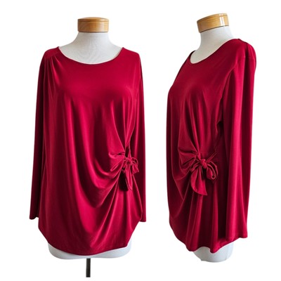 Ciara Sun Woo Apple Red Twist Knot Stretchy Slinky Long Sleeve Tunic Blouse 1X