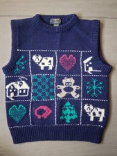 Vintage Charter Club Barn Animal Blue Wool Sweater Vest Kids 7-8 S Holiday Heart