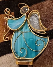 VTG Green Slag Glass Angel Playing Harp Halo Table Shelf Sitter 5" x 4"  K