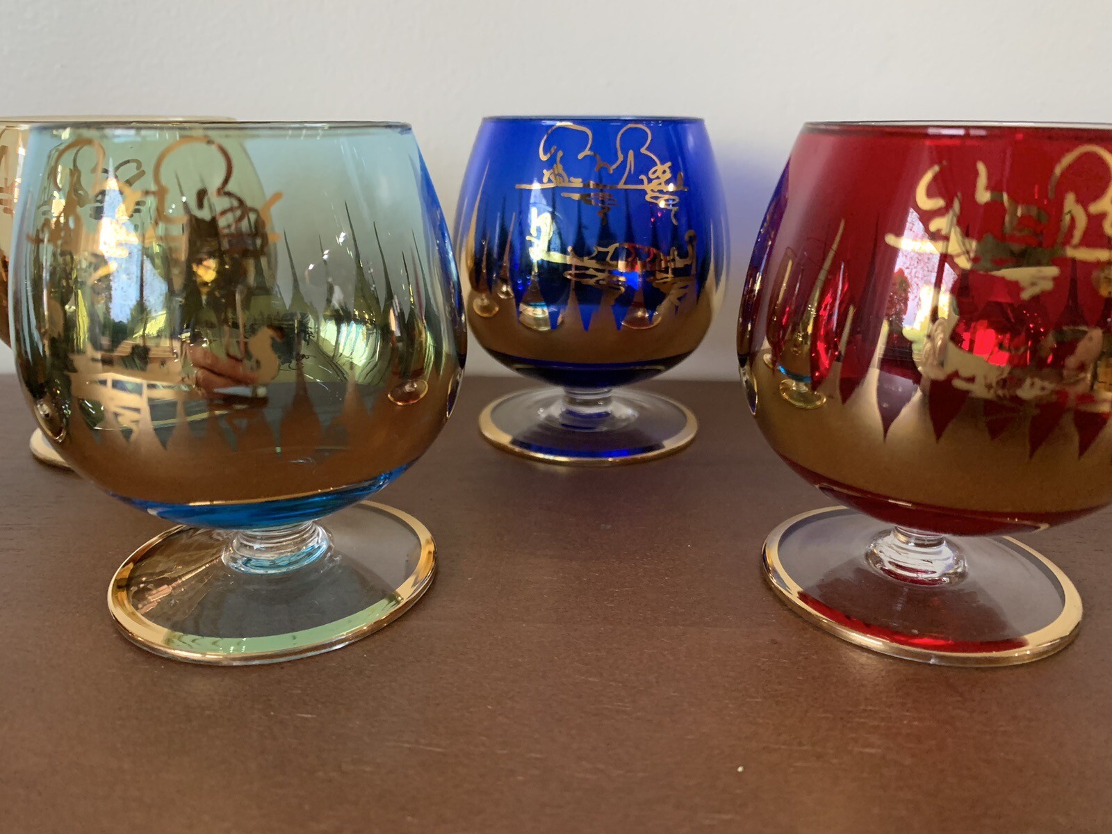 Unique Set 5 Multi Colored Jewel Tones Gold Cognac Brandy Snifters 3” Glasses eBay