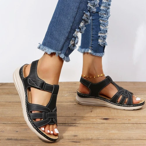 Sandalias de cuña ortopédicas informales de verano para damas Zapatos cómodos con punta abierta plana - Imagen 9 de 22