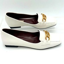  125 Franco Sarto Tiari Chain Square Toe Loafer White Leather Size 7 EU 37 D76