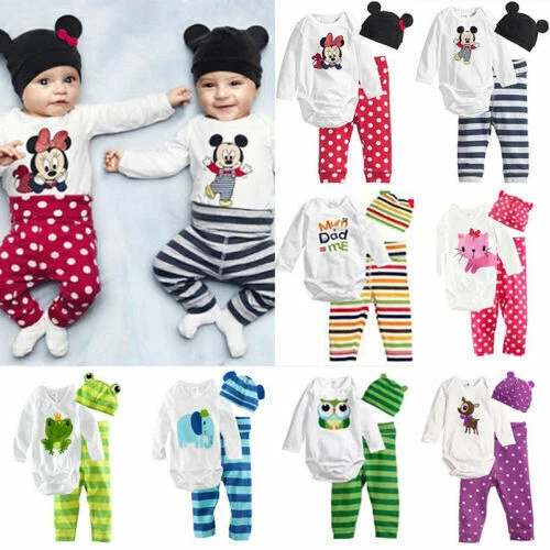 Newborn Baby Boy Girl Set Mickey Mouse Romper Tops Pants Casual Clothes Outfit