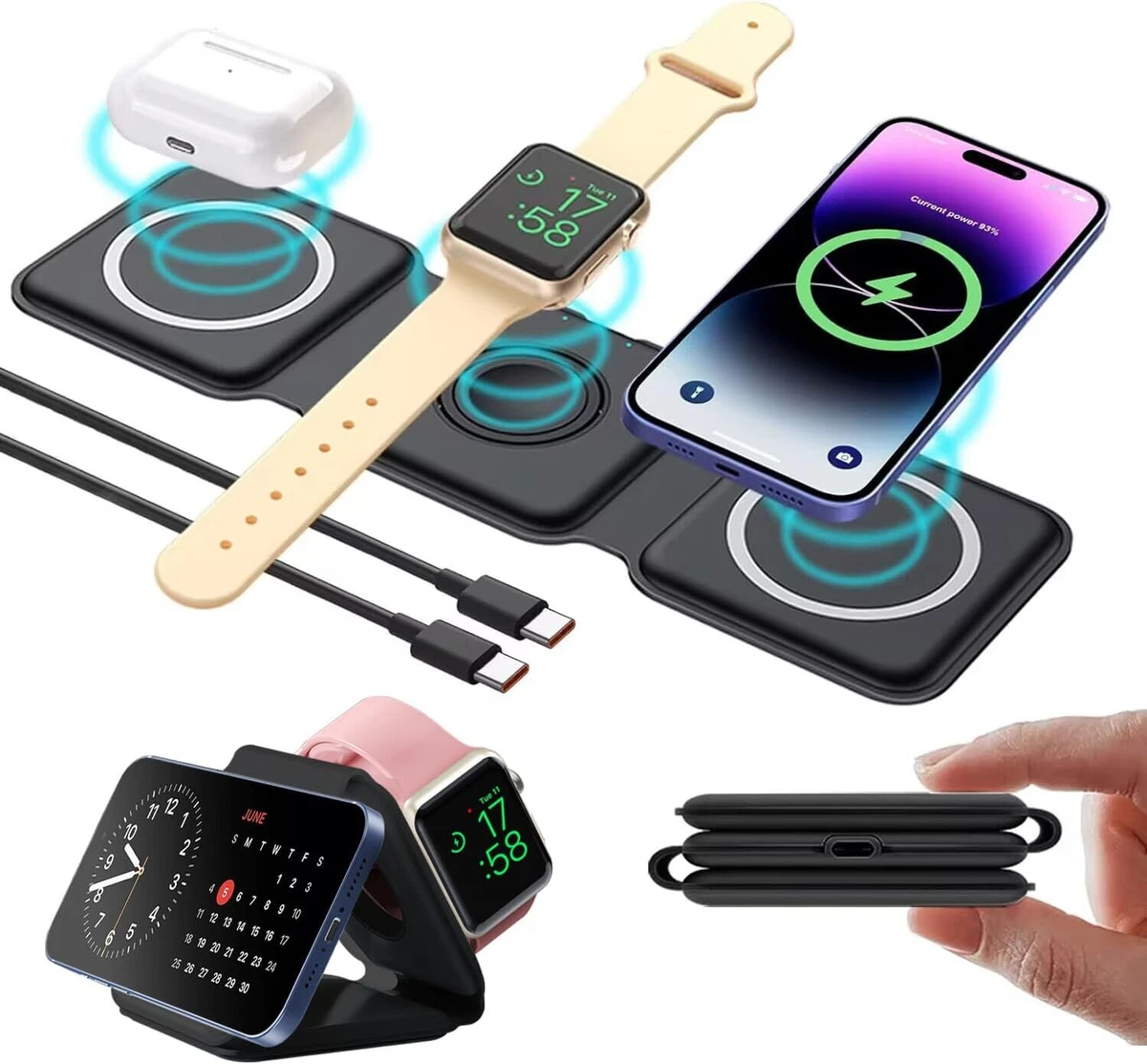 3in1 Wireless Charger Foldable Mat Pad For Apple Watch Air Pods iPhone 15  14 Pro