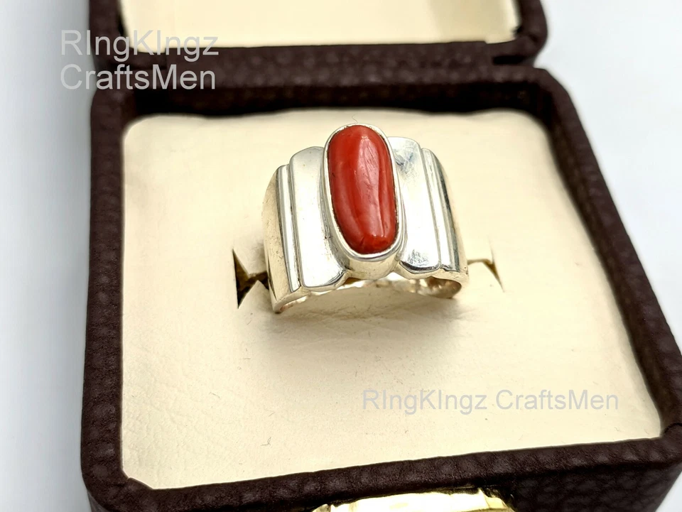 Коралловое мужское кольцо размер 8 регулируемое серебро 925 пробы кольца ручной работы Merjaan - Изображение 3 из 4