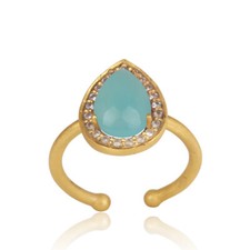 Gold Plated Pear Aqua Chalcedony  Pave Zircon Wedding Ring For Engagement Gift
