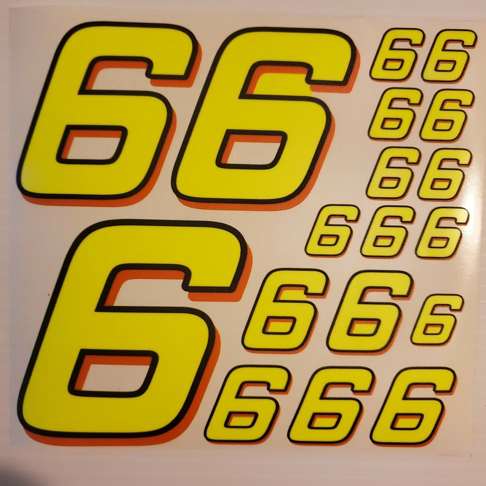 #6's Flourescent Yellow w/bl.-Orange Racing Numbers Vinyl Decal Sheet 1/10-1/12