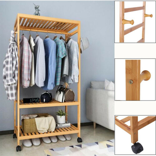 Wooden Clothes Rail Rolling Stand Rustic Retro Vintage Garment w/Shoe Rack Shelf - Picture 1 of 12