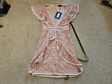 Dusty Pink Lace Contrast Piping Frill Detail Plunge Bodycon Sz 8 Pink White 