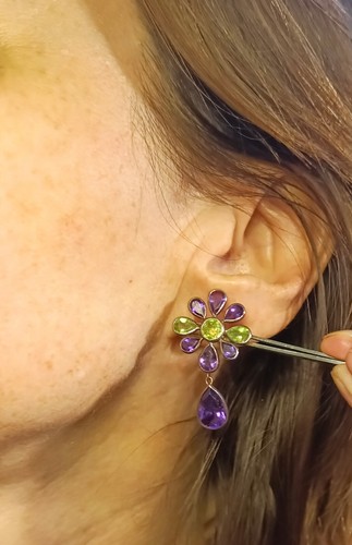 Beautiful Vintage Amethyst Peridot Earrings 375 Gold 925 Silver - Picture 5 of 5