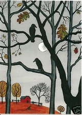 ACEO RYTA FOLK ART PRINT OF PAINTING CROW WHIMSICAL HALLOWEEN FARM Landscape 🎃