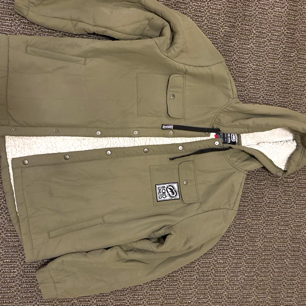Ecko Unltd. Men's Green Hooded Sherpa Lined Snap/Button Front Jacket Size L - product detail image 1