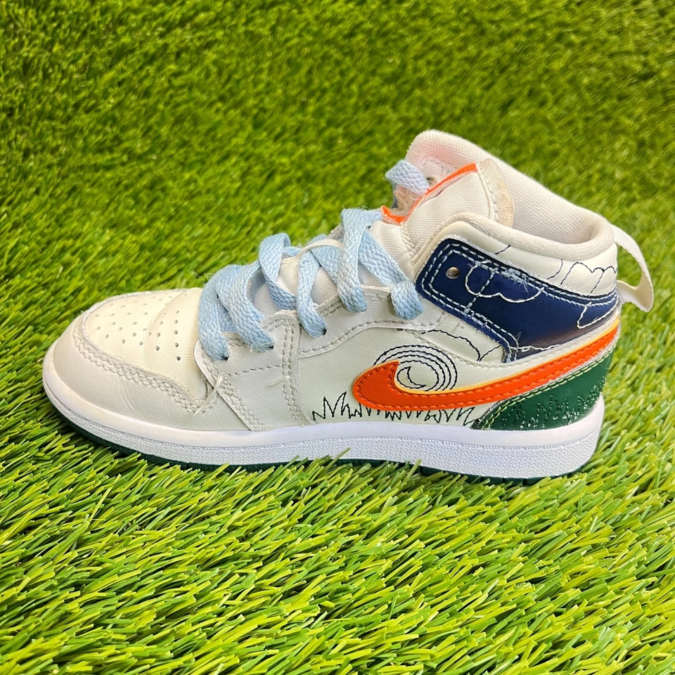 Nike Air Jordan 1 Mid SE Niños Talla 11C Blanco Azul Verde Zapatos Atléticos Tenis Foto 3 de 4
