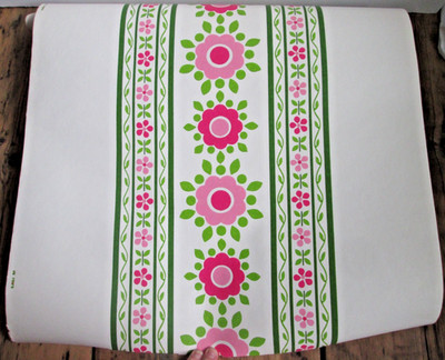 Vintage Wallpaper Roll Pink Green Floral MOD Thick Paper 21'' 70s Flower Stripe