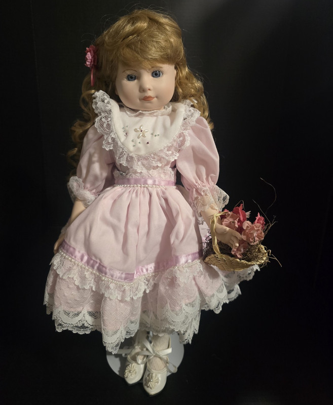 VINTAGE Tarko's Doll Co. Porcelain Girl Doll Blonde Curly Hair Brown Eyes Pink