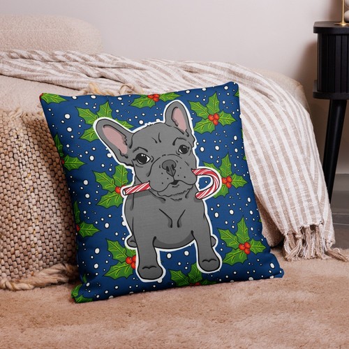 Blau Französische Bulldogge Weihnachten Dekokissen Urlaub Hund Zuckerstange Dekor - Bild 5 von 15