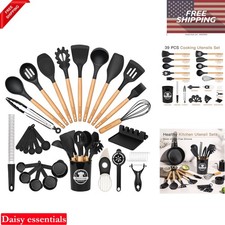 39 Pack Silicone Kitchen Utensils Set with Wooden Handles Heat Resistant BPA ...