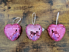 3 Pink "Disco" Mirror Heart Ornaments, Ribbon hanger, 3" Tall, NWT
