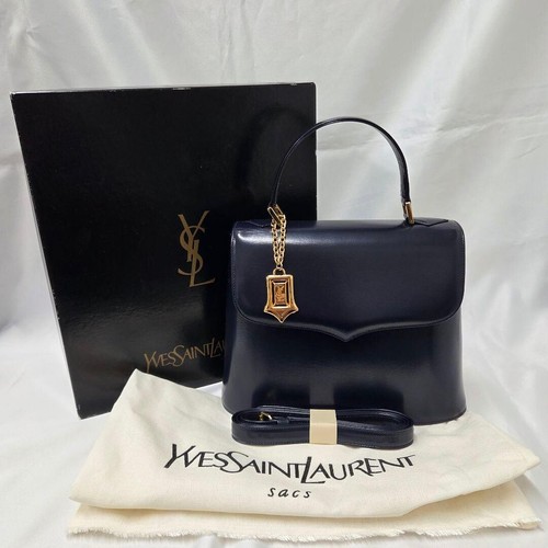 Yves Saint Laurent Navy Leather Top Handle Bag 2way Shoulder Vintage Gold Charm