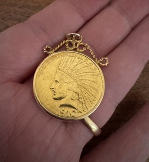 1910 S Indian Head Gold $10 Eagle Liberty Coin in Solid Gold Bezel Pendant 19.3g