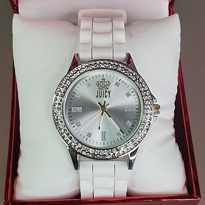 Juicy Couture Womens Watch White Silicone Band Rhinestones JC5027 Silver Tone