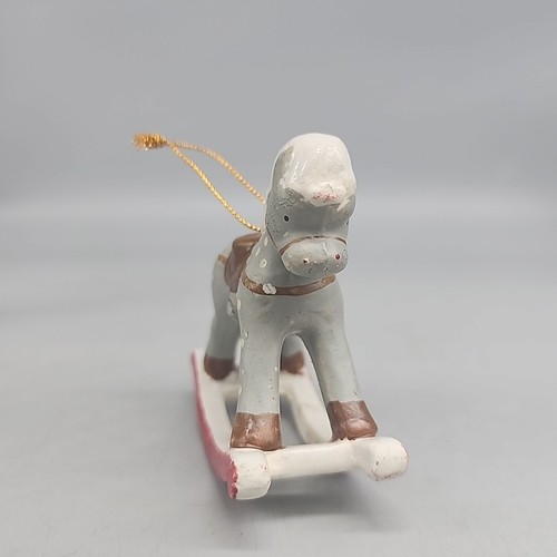 Vintage Rocking Horse Christmas Ornament Ceramic Gray Spots 3" - Picture 2 of 5