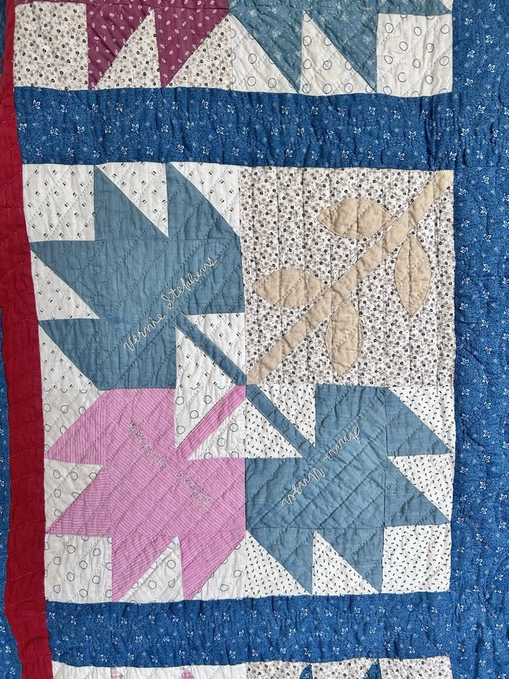 VTG Maple Leaf Quilt Handmade Hand Stitched Farmhouse Embroidered Names 87x88” - Image 3 of 4