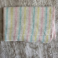 Vintage Waffle Weave Baby Blanket Acrylic Pastel Stripe Pink Yellow Blue White