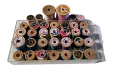 Lot Of 34 Vintage Wooden Thread Spools In Original Holder Sewing Decor