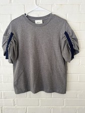 3.1 Phillip Lim Grey Mixed Media T-Shirt Navy Ribbon Ruched Puff Sleeve Top XS
