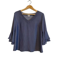 Naif blue chambray blouse 3/4 sleeve ruffle v-neck lightweight. Size Small.