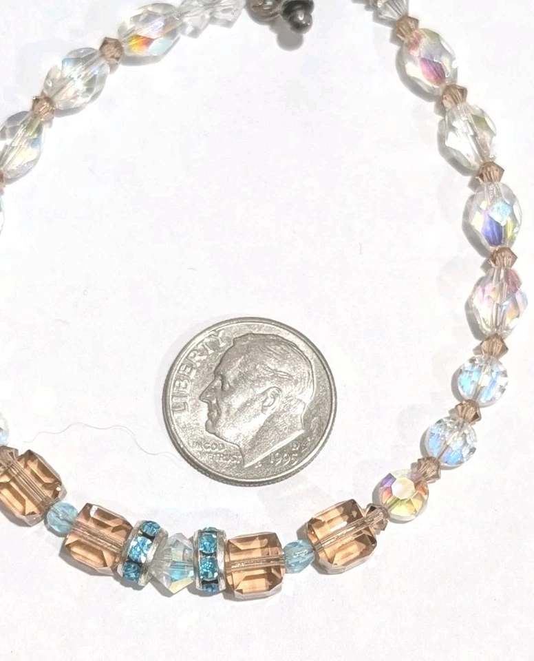 Sterling Silver Swarovski Crystal Aurora Borealis Amber Blue Beaded 8" Bracelet - Image 3 of 4