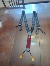 Vintage Trafalgar Black Green Pattern Stripe Leather Button Suspenders Braces