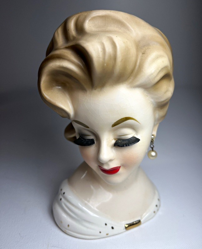 Inarco 1963 Ceramic Lady Head Vase Figurine E-1067 Pearl Dangle Earrings