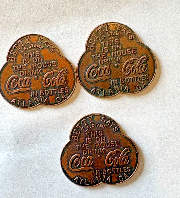 3--Vintage Clover Shaped Brass Advertising Medallion free Bottle Coca-Cola Token